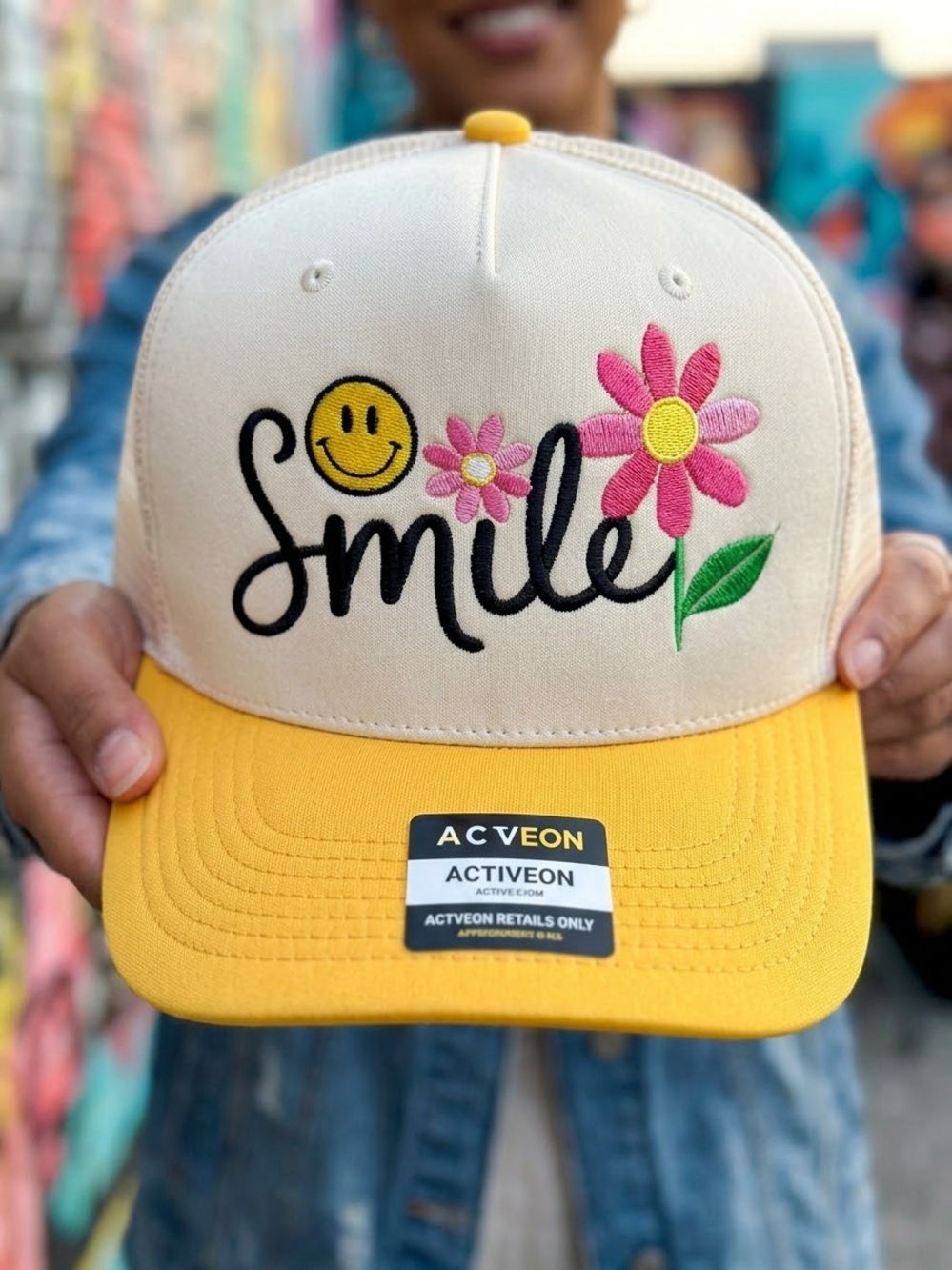 Smile Embroidered Cream & Yellow Trucker Hat